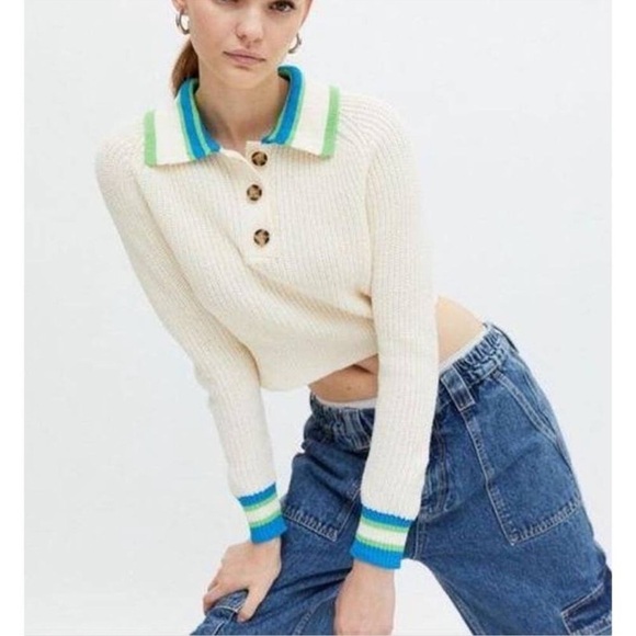 Urban Outfitters BDG Ivory Cropped Collared Taylor Sweater Green Blue Trim M - Picture 1 of 13
